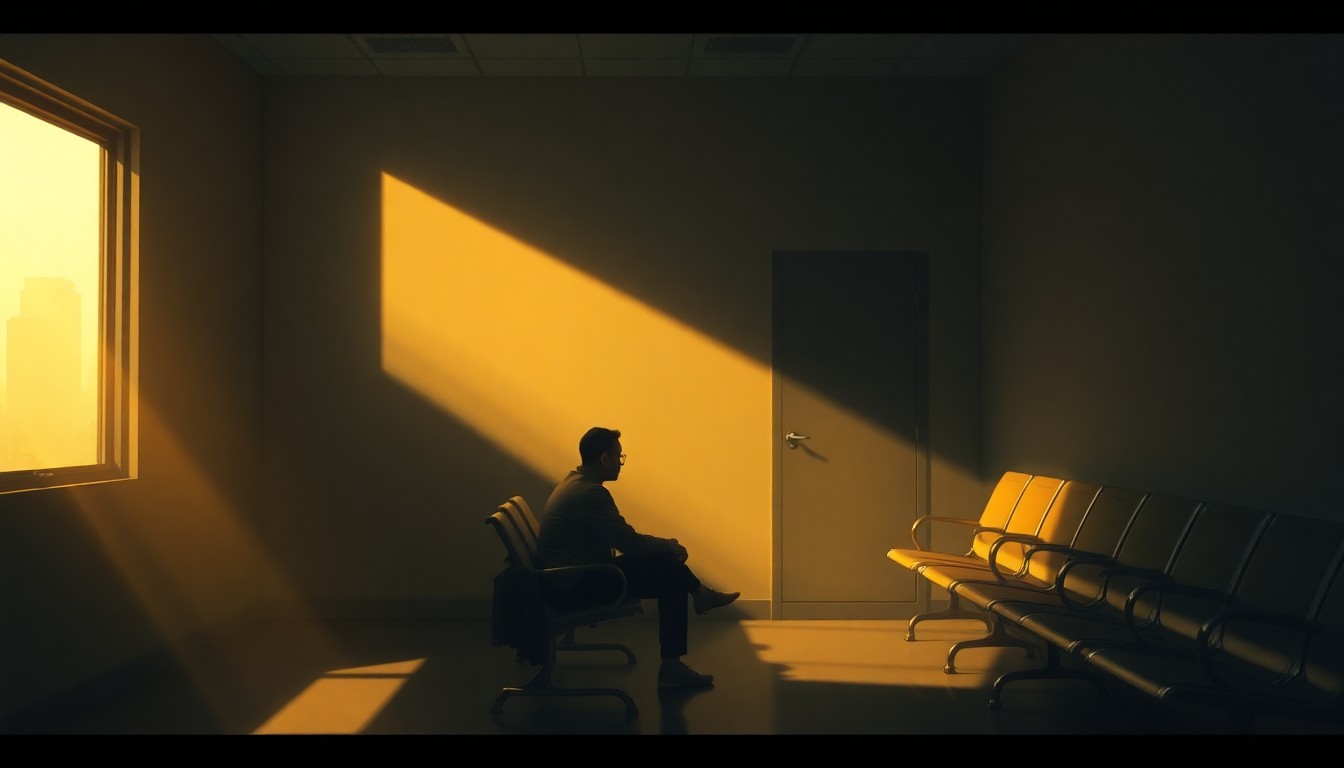 A dimly lit, cinematic painting of a lone figure sitting in a sterile, government-issued waiting room chair, bathed in warm, diagonal sunlight and deep shadows, conveying a sense of isolation and uncertainty.