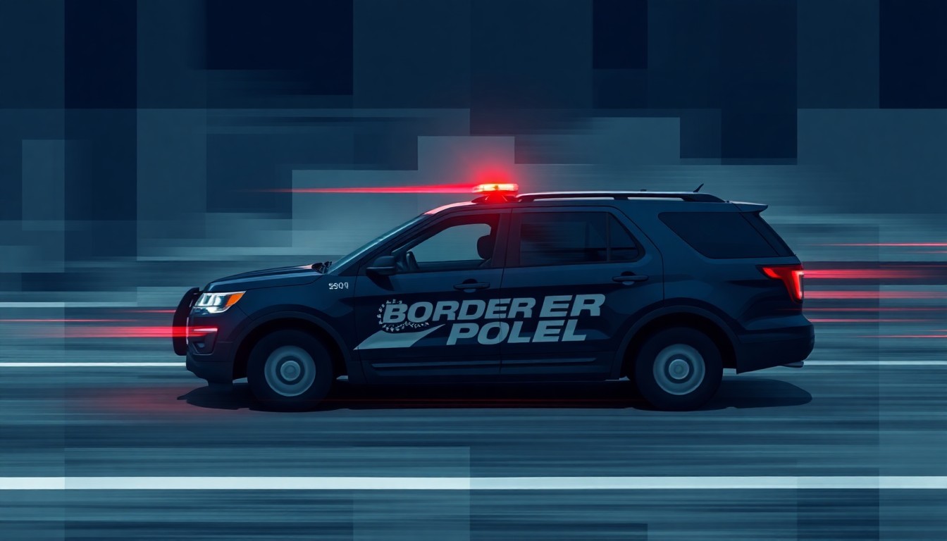 A dynamic, abstract painting of a speeding border patrol vehicle, its form fractured and repeated in overlapping geometric shapes, conveying a sense of urgency and tension around immigration issues.