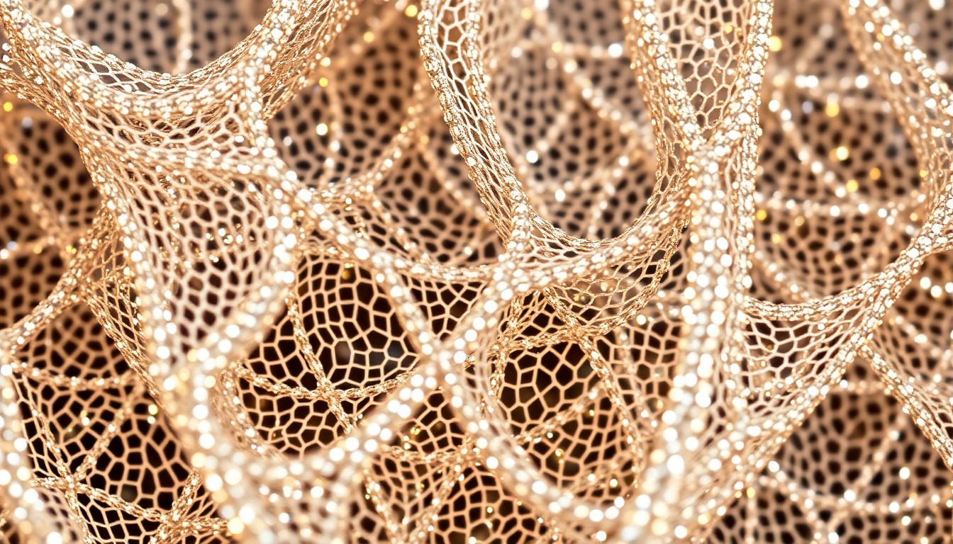 An abstract close-up photograph of shimmering, interlocking mesh fabric in metallic silver and gold tones, capturing the glamorous aesthetic of the entertainment industry.