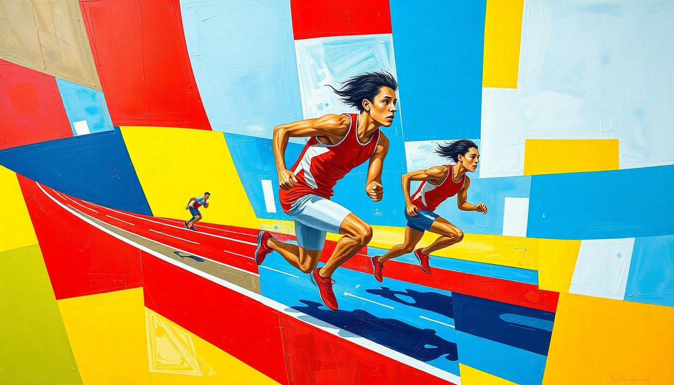 A cubist, geometric painting featuring overlapping planes of bright primary colors that abstractly represent the motion and dynamism of a high school track and field competition.