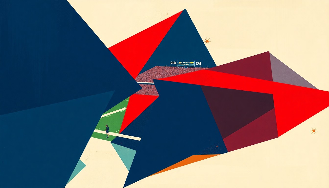 A cubist, geometric painting in navy blue and red, depicting the fragmented action of a college football game, with players and the field broken down into sharp, overlapping planes.