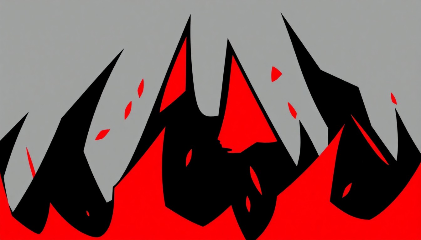 An abstract illustration featuring sharp, angular shapes in bold red and black, capturing the dynamic energy of a live music performance.