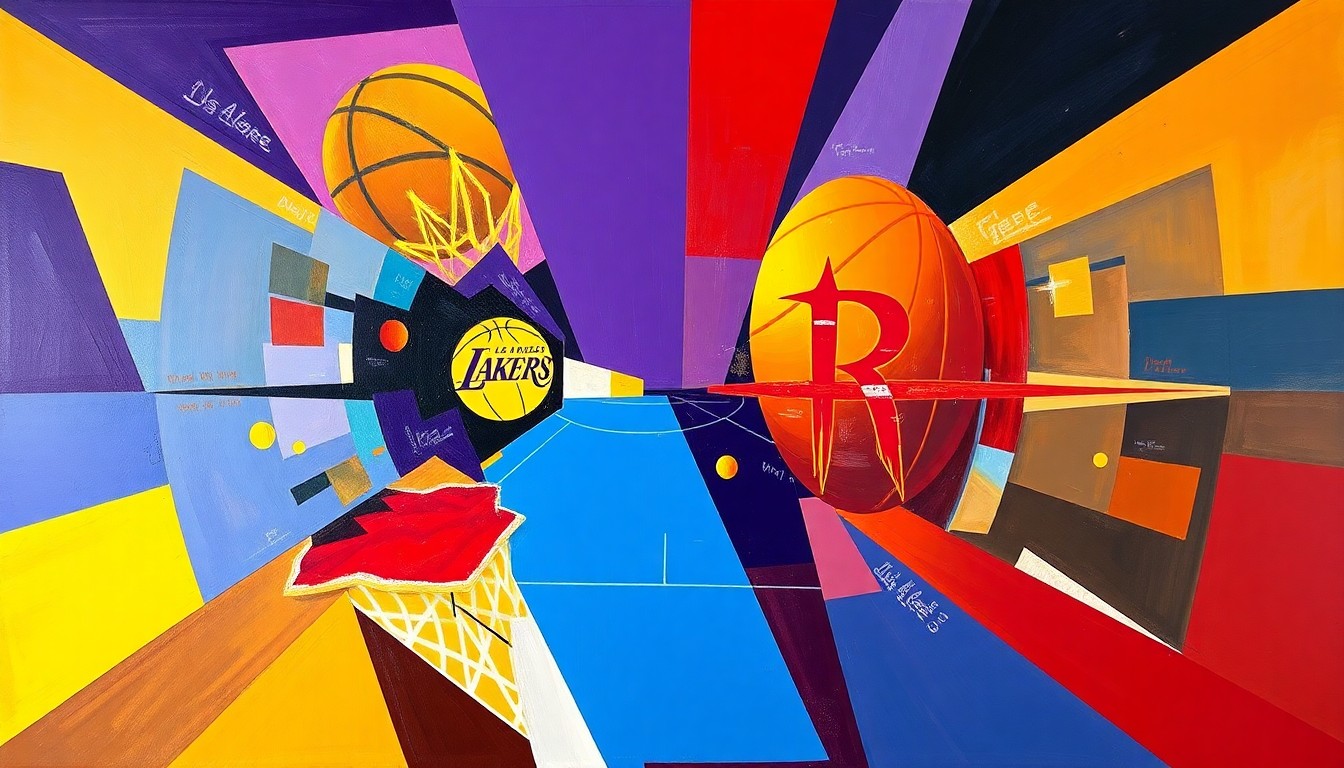 A cubist, geometric painting depicting a basketball game in progress, with the players and court broken down into overlapping, angular shapes in vibrant colors.