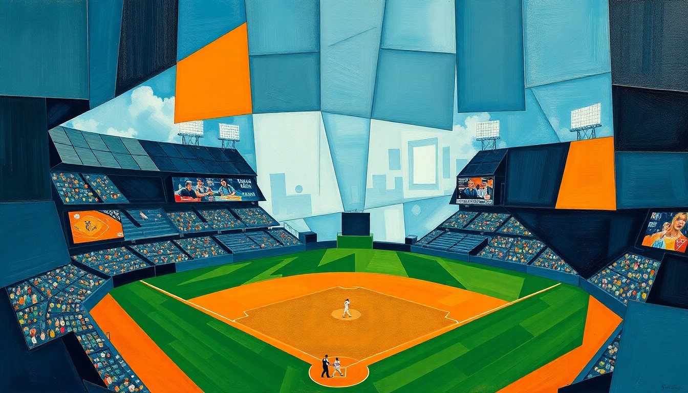 A cubist, geometric painting depicting a fragmented baseball game, with overlapping planes of navy, green, and orange conveying the chaos and uncertainty surrounding the Mets' season.