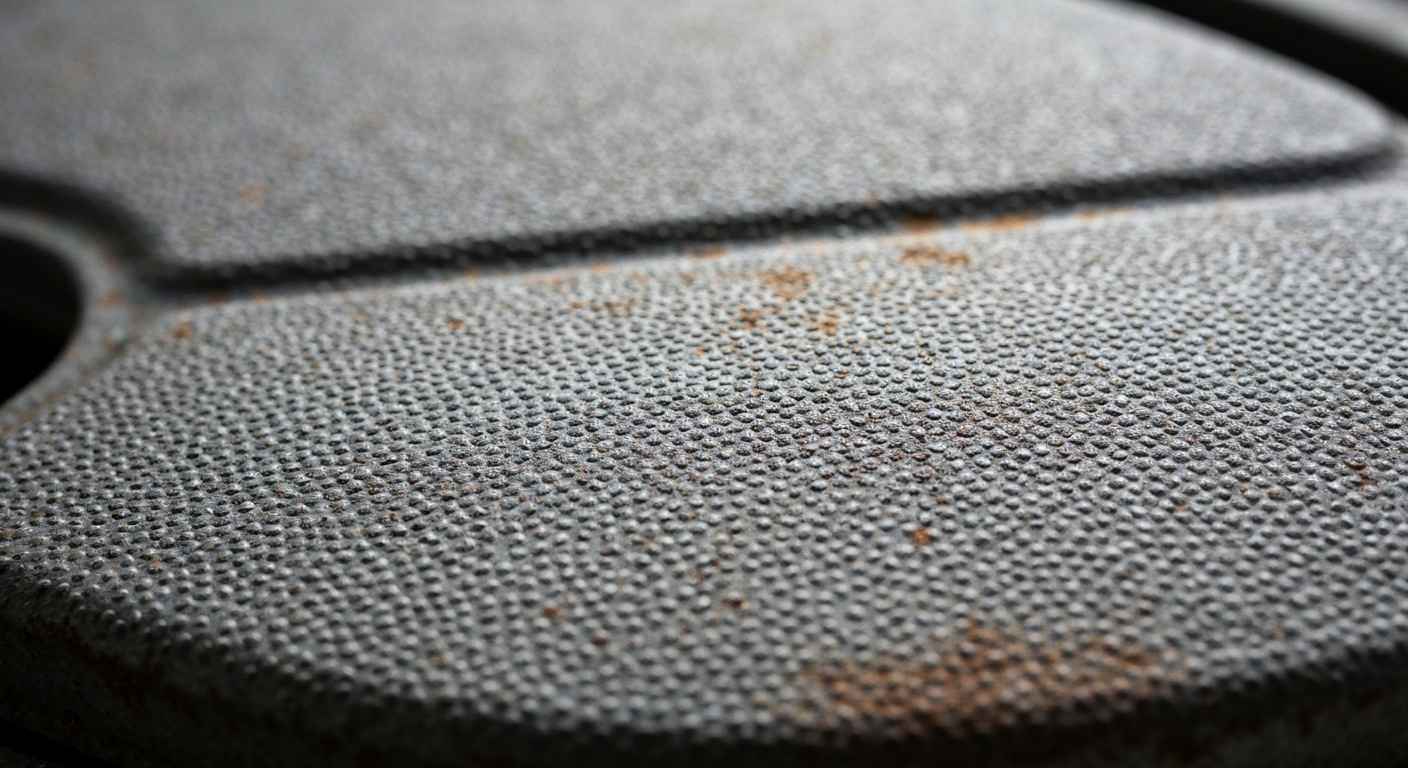 An extreme close-up of a textured, weathered car part in shades of grey and rust, conceptually representing the deceptive practices of an unethical auto repair business.
