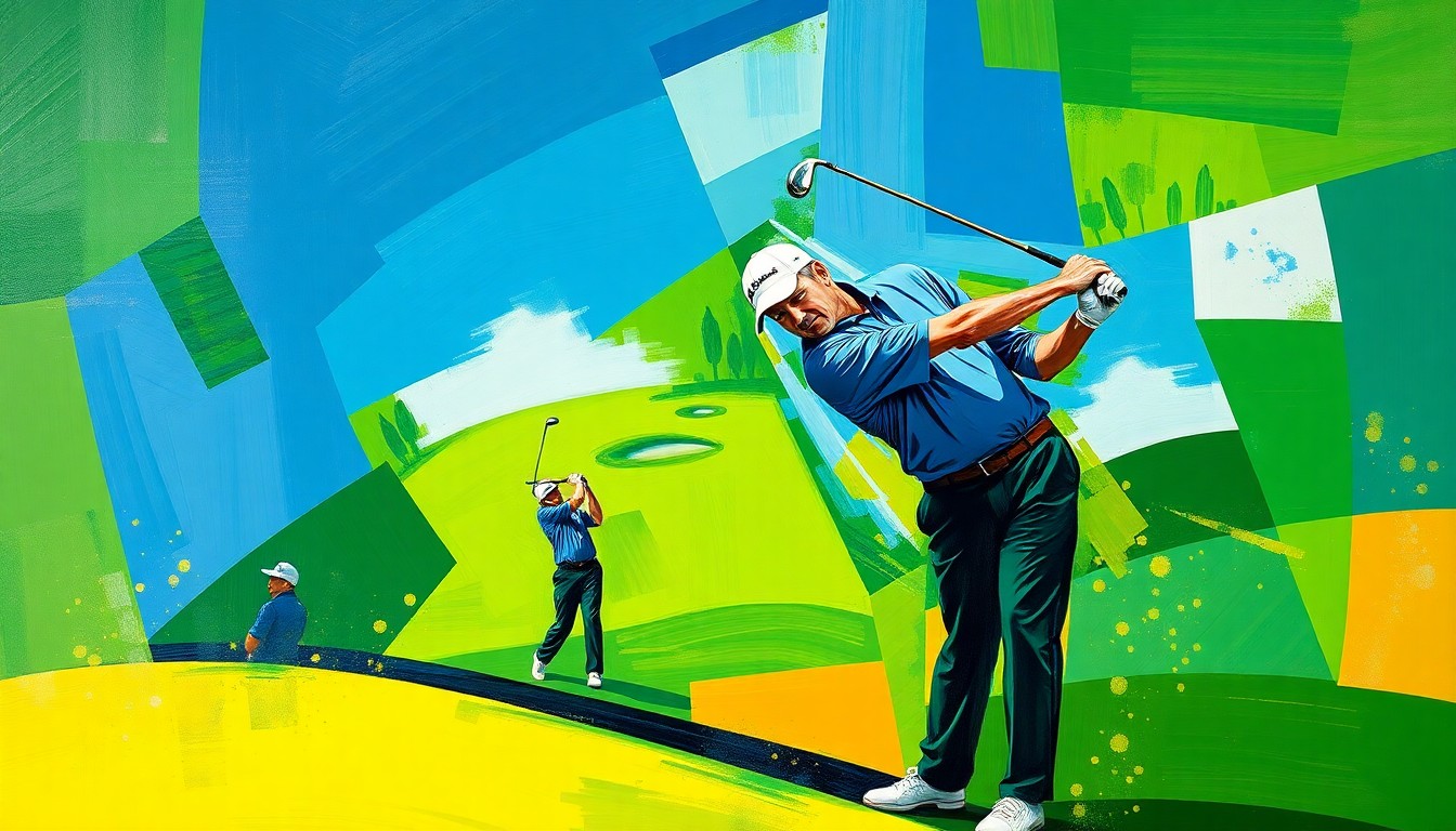 A fragmented, geometric painting depicting the dynamic motion and energy of a golf swing, with sharp planes of color and form that deconstruct the athletic action.