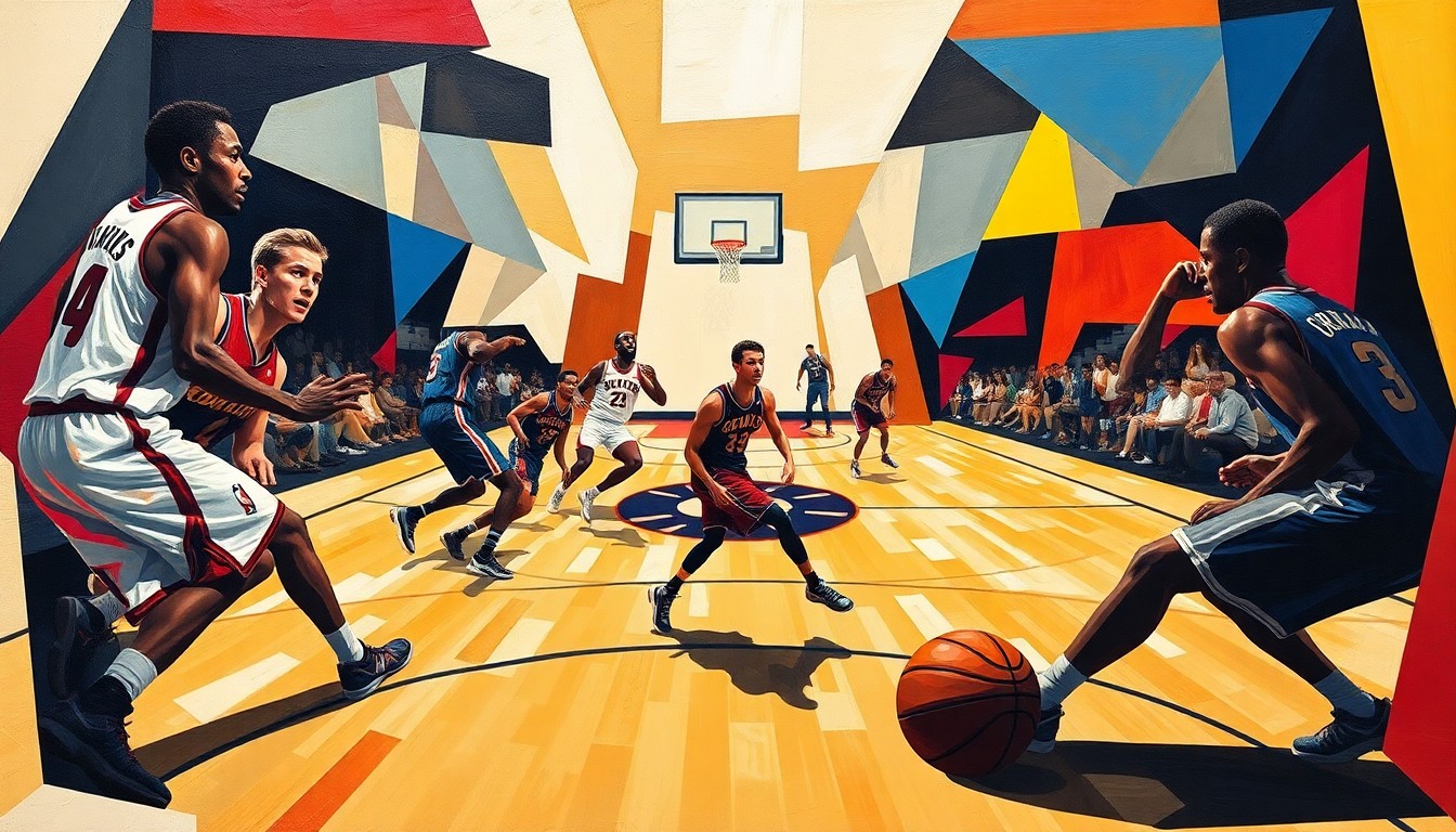 A fractured, cubist-style painting depicting a basketball game, with the players and court broken down into sharp, overlapping geometric shapes in the team colors of the Cavaliers and Raptors.