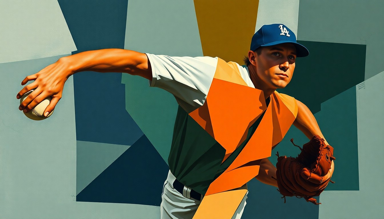 A fragmented, cubist-style painting depicting a baseball pitcher's throwing motion broken down into overlapping geometric shapes in muted navy, green, and orange tones, conveying the uncertainty and disruption caused by the pitcher's injury.