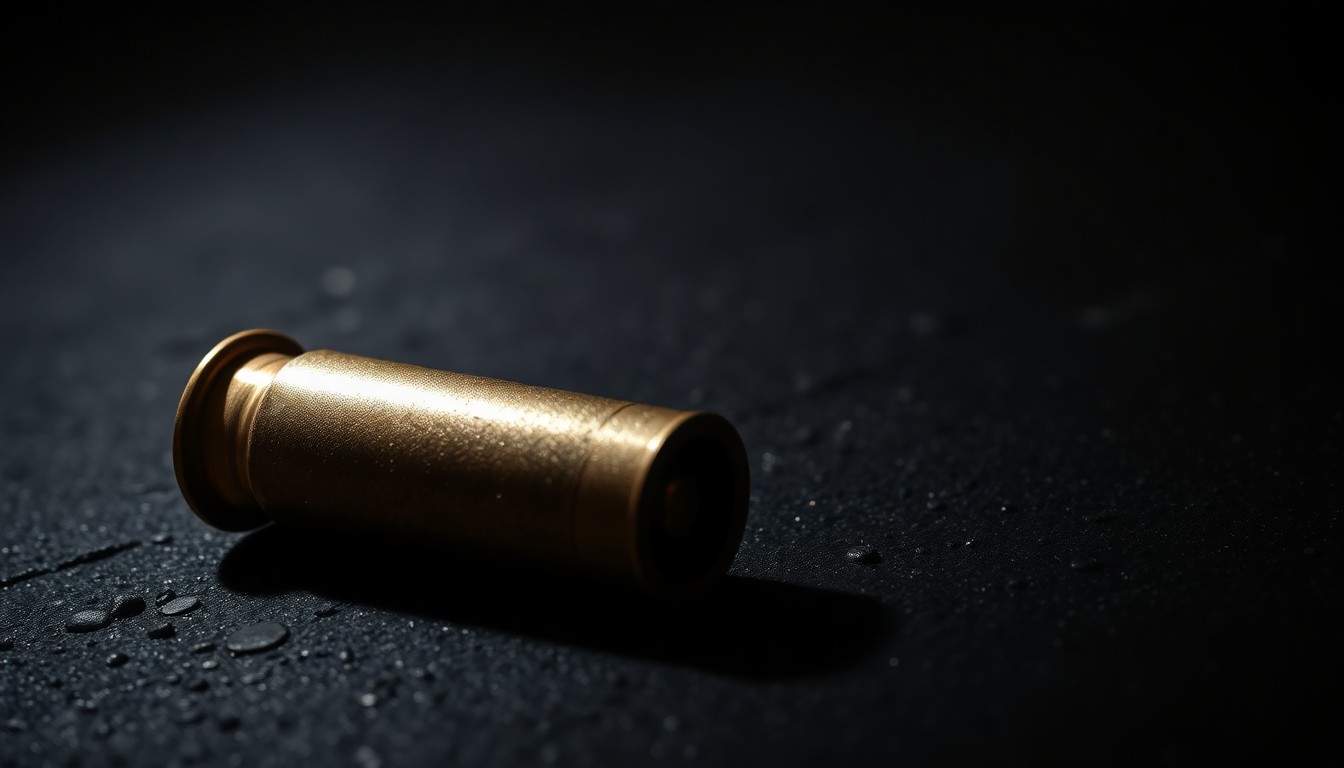 An extreme close-up of a spent shell casing on a dark, textured surface, lit by a harsh, direct camera flash, conceptually representing the physical evidence of a violent shooting incident.