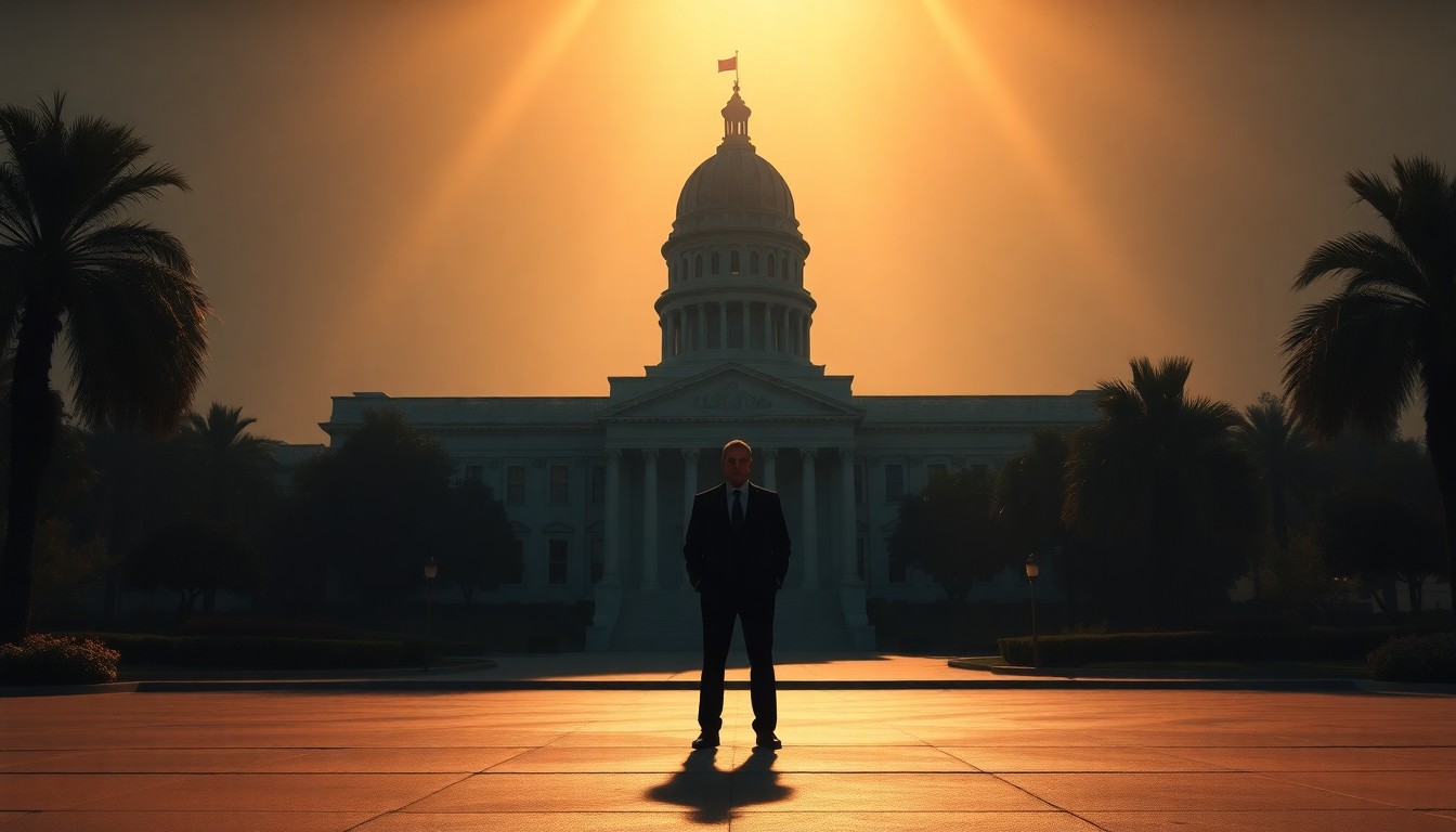 A cinematic painting depicting a lone politician standing in front of a stately government building, the scene bathed in warm sunlight and deep shadows, conveying a sense of quiet contemplation and political transition.
