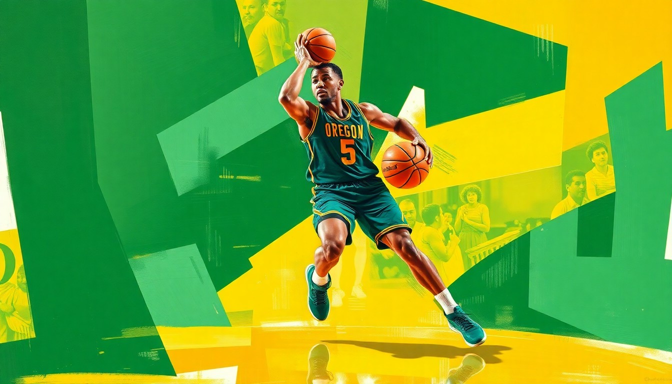 A cubist-style painting depicting a basketball player in motion, broken down into sharp, overlapping geometric shapes in shades of green and yellow, conveying the dynamic energy of a talented transfer joining the Oregon Ducks.