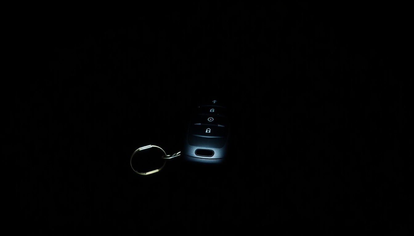 An extreme close-up photograph of a car key fob against a pitch-black background, conceptually representing the only physical clue to the missing person's vehicle.