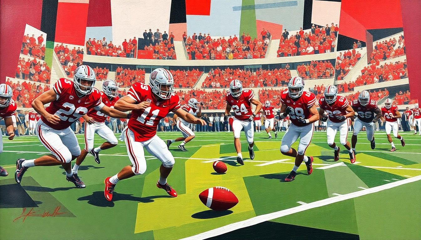 A cubist-style painting depicting a football game, with players and the ball broken down into overlapping geometric shapes in shades of scarlet and gray, capturing the dynamic action and energy of the sport.