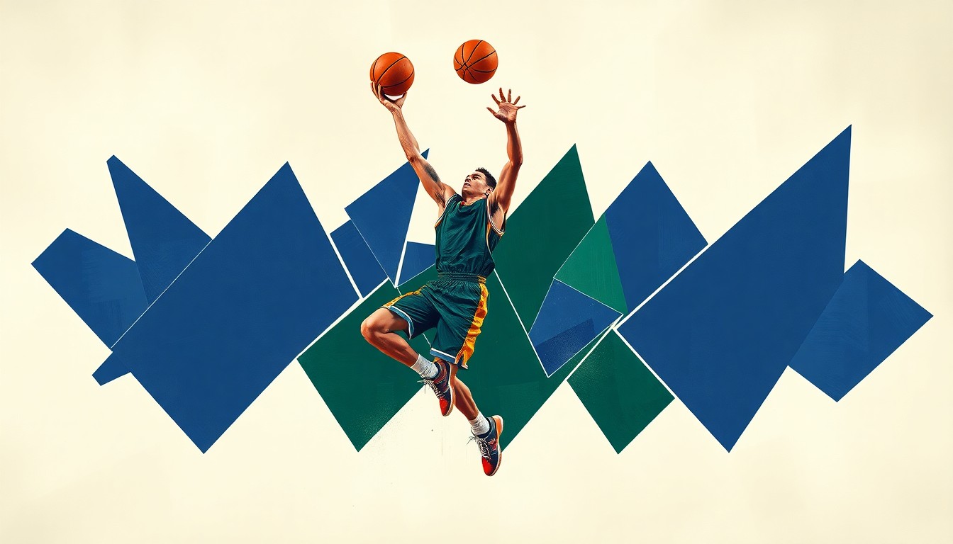 A fragmented, cubist-style painting depicting a basketball player in mid-jump shot, with their body and movement broken down into sharp, overlapping geometric shapes in a palette of navy, green, and orange, conceptually representing the player's resilience and determination to overcome their recent injury.
