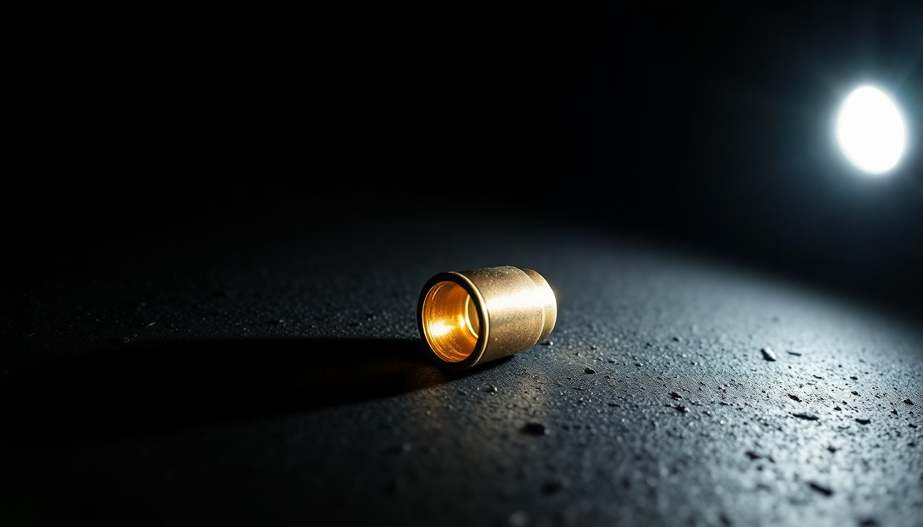 An extreme close-up of a single spent shell casing on a dark, textured surface, lit dramatically by a harsh camera flash to create a stark, gritty, investigative aesthetic.