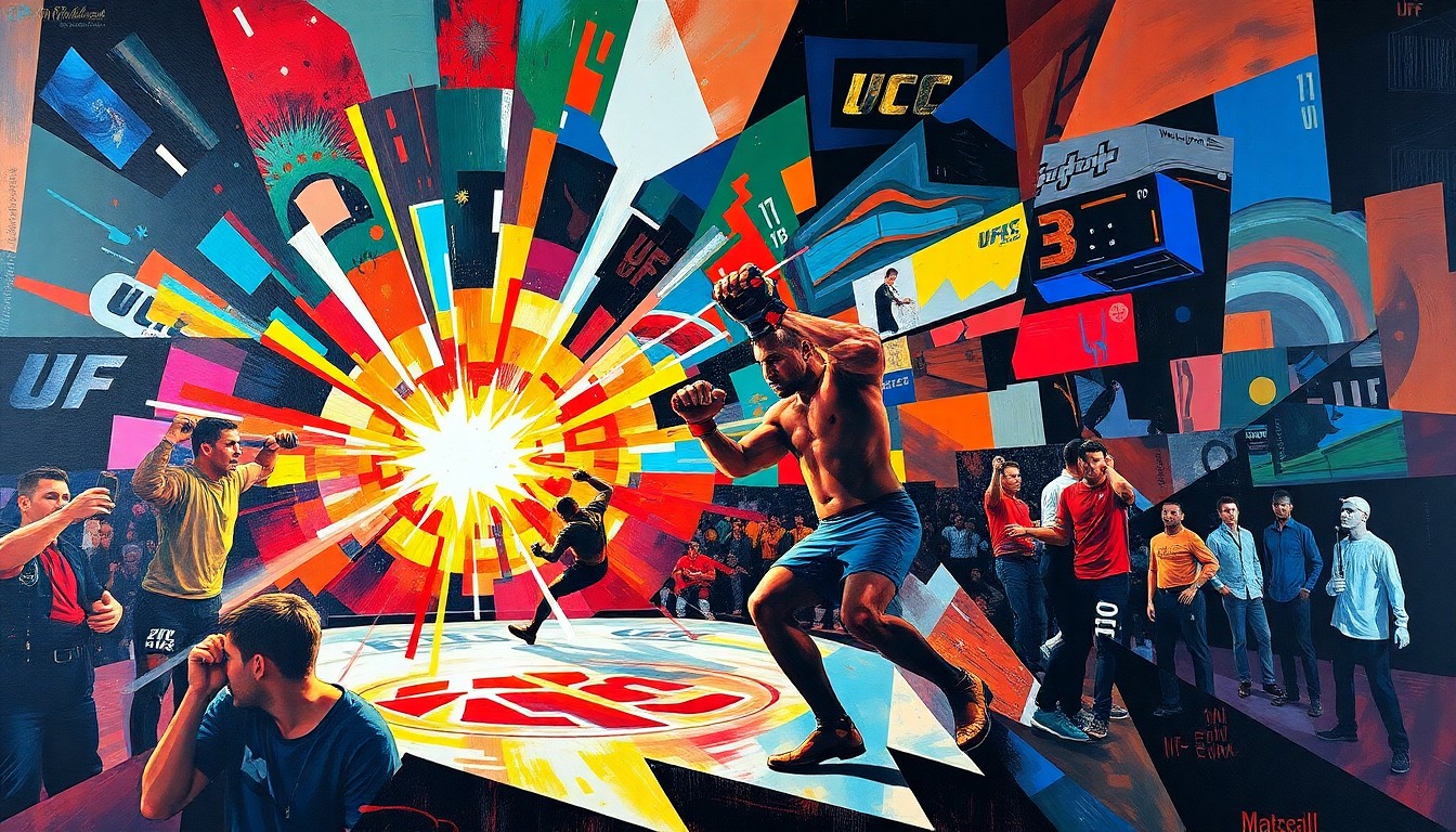 A cubist, geometric painting depicting a fractured, multi-perspective view of a UFC fight scene, with sharp planes of color representing the explosive energy and adaptability of modern mixed martial arts.