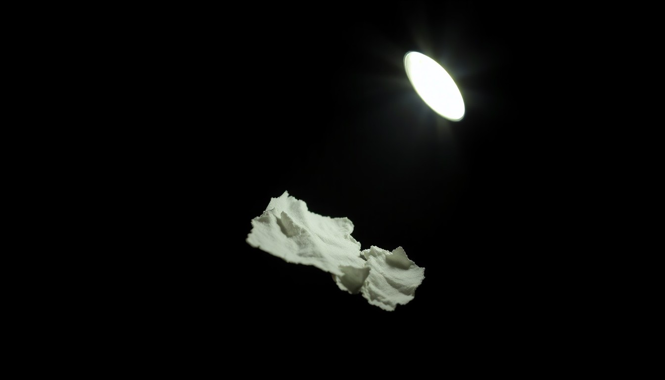 An extreme close-up photograph of a torn, crumpled piece of fabric with a harsh, direct flash illuminating the textured material against a pitch-black background, conceptually representing the forensic investigation that solved this cold case murder.
