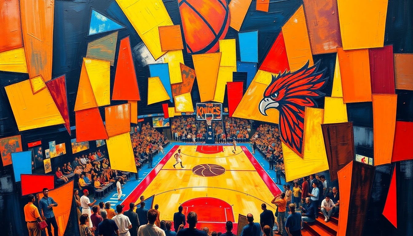 A cubist, geometric painting depicting the action of a basketball game, with overlapping shapes and planes in the Knicks' orange and the Hawks' red and yellow colors, capturing the energy and intensity of the playoff matchup.