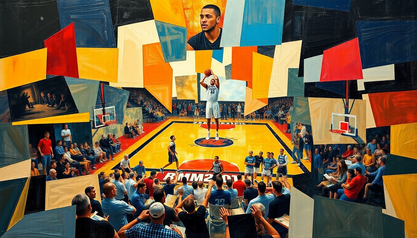 A cubist, geometric painting depicting fragmented and overlapping shapes representing a college basketball game, conveying the dynamic energy of the sport.