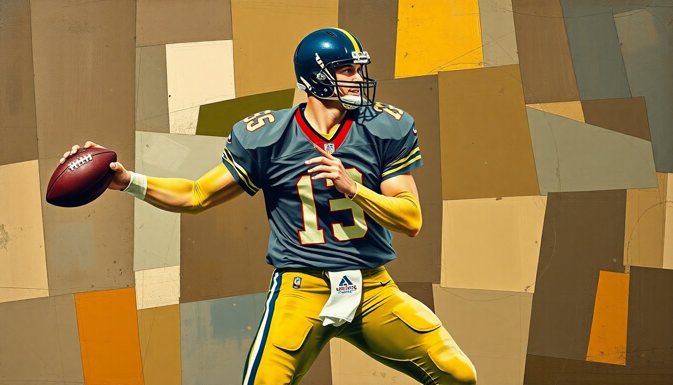 A cubist, geometric painting depicting a football quarterback in motion, with sharp, overlapping planes of muted earth tones and pops of bright color, conveying the uncertainty and complexity of the Steelers' quarterback situation.
