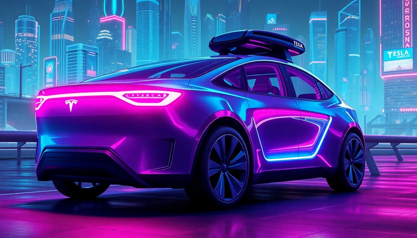 A highly detailed, glowing 3D illustration of a Tesla Cybercab autonomous vehicle with neon cyan and magenta lights illuminating its sleek, futuristic exterior, surrounded by a dynamic, cyberpunk-inspired cityscape.