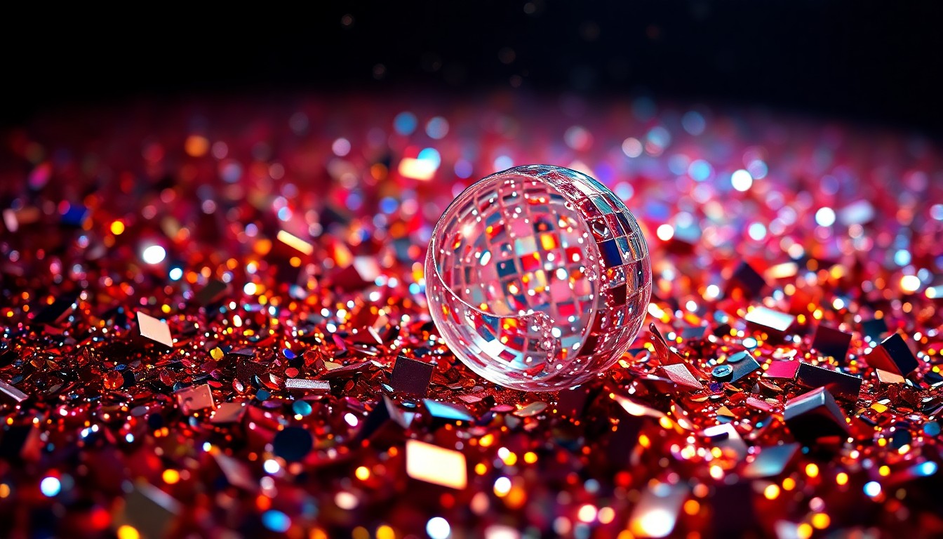 An abstract close-up image of shimmering sequins and shattered glass, reflecting the vibrant, high-energy atmosphere of a music festival performance.