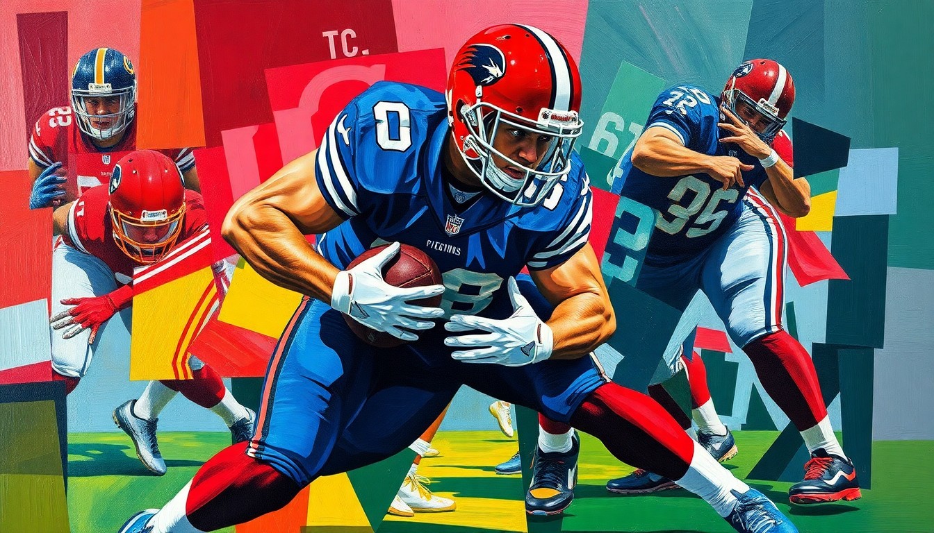 A fragmented, geometric painting depicting a defensive tackle making a tackle, with the player's form broken down into sharp, overlapping planes of color representing the various team uniforms mentioned in the story.