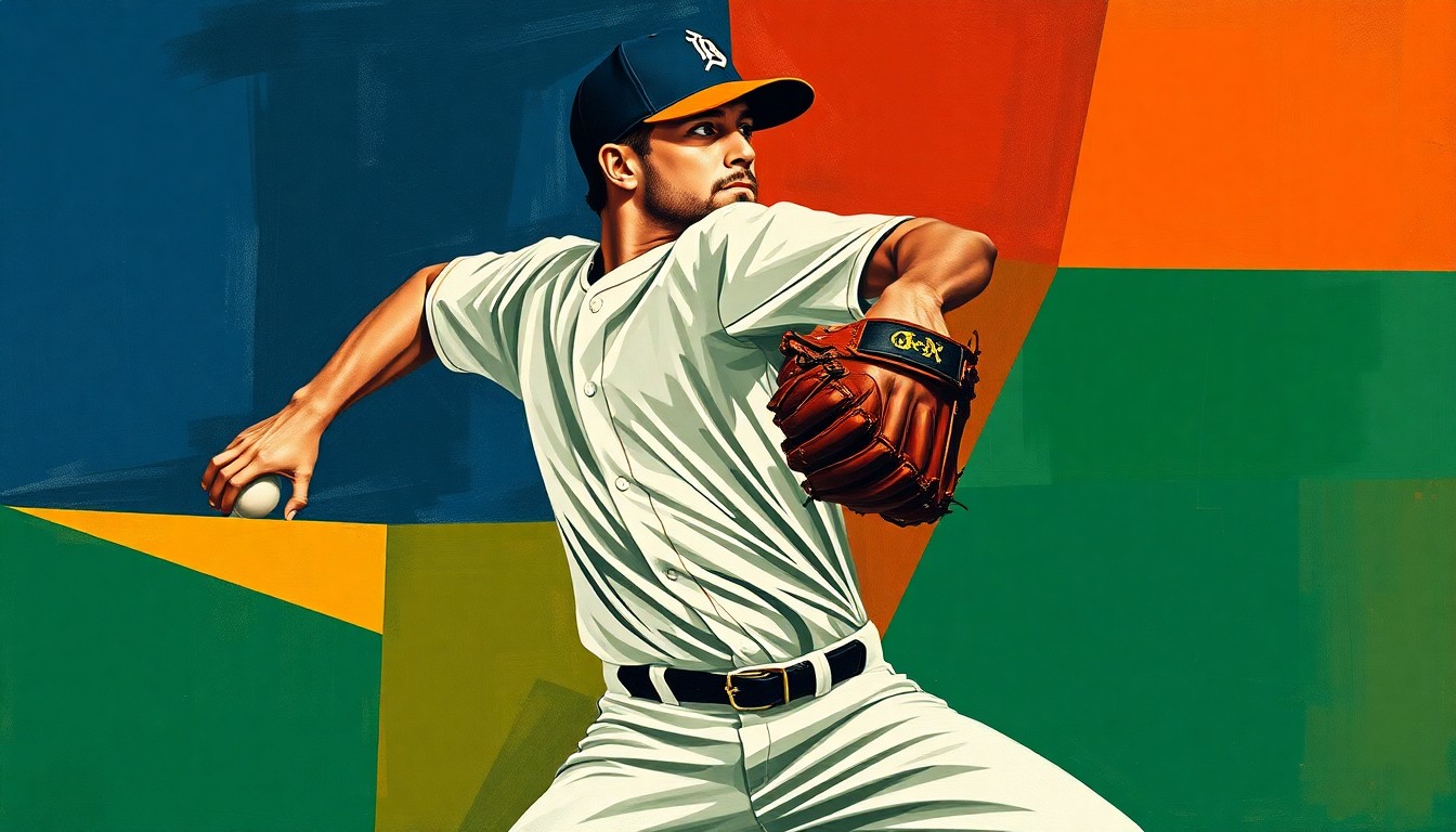 A cubist, geometric painting depicting a baseball pitcher's windup and delivery broken down into overlapping planes of navy, green, and orange, conveying the raw power and athleticism of the sport.