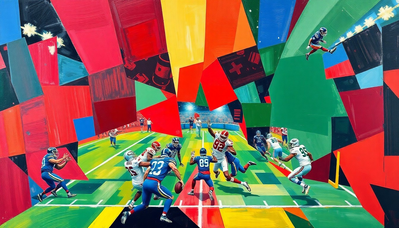 A cubist-style painting featuring fragmented, geometric shapes in bold colors representing the dynamic action of a football game or training session.