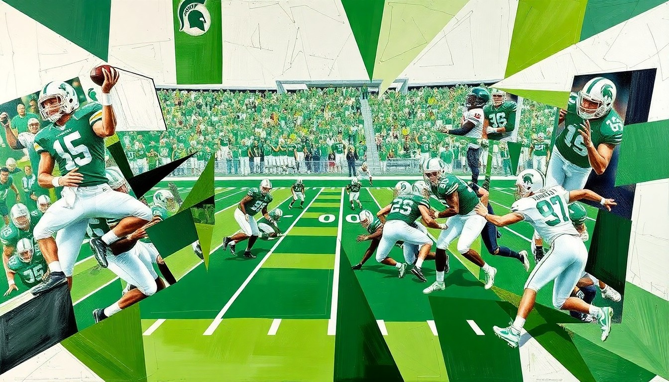 A fragmented, geometric painting in shades of green and white, capturing the dynamic movements and competitive spirit of a Spartan football game in an abstract, deconstructed style.