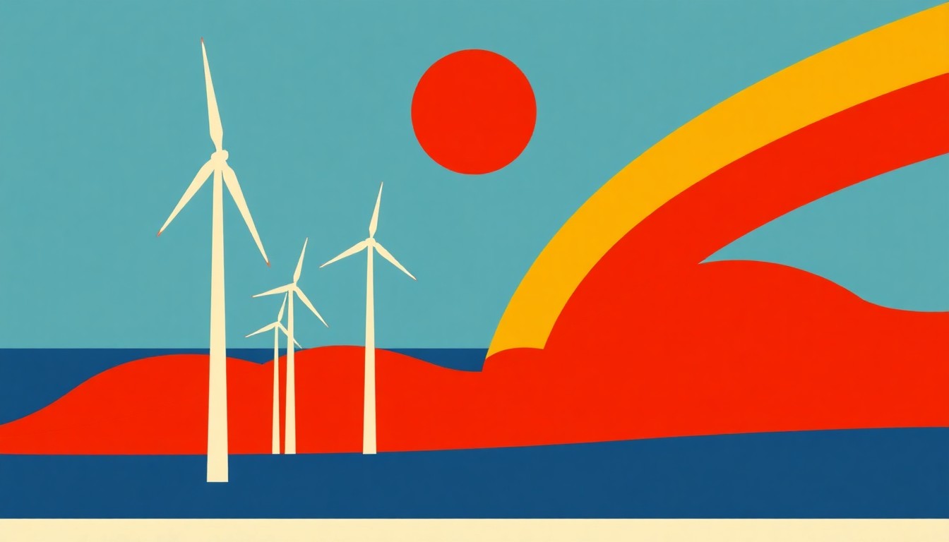 A minimalist abstract illustration using bold geometric shapes and primary colors to represent the complex economic and environmental challenges facing California's offshore wind energy plans.
