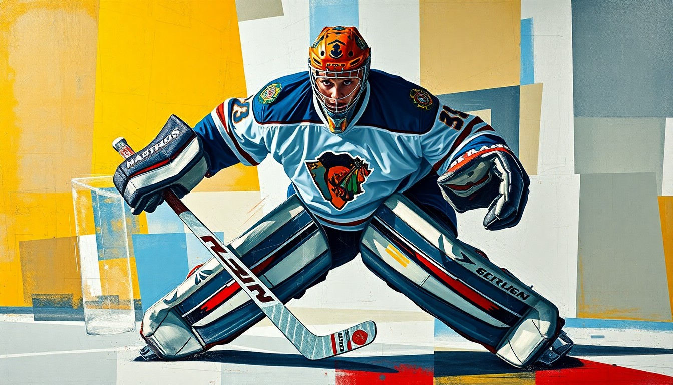 A cubist, geometric painting depicting a hockey goalie's movements and positioning broken down into sharp, overlapping planes of color and shape, conveying the complex technical aspects of the goaltending matchup between the Ducks and Oilers.