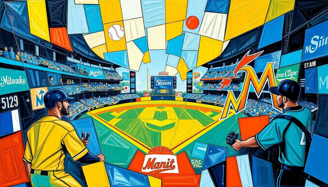 A fragmented, geometric painting depicting the dynamic movements and energy of a baseball game, with the distinct colors of the Brewers and Marlins uniforms interwoven across the canvas.