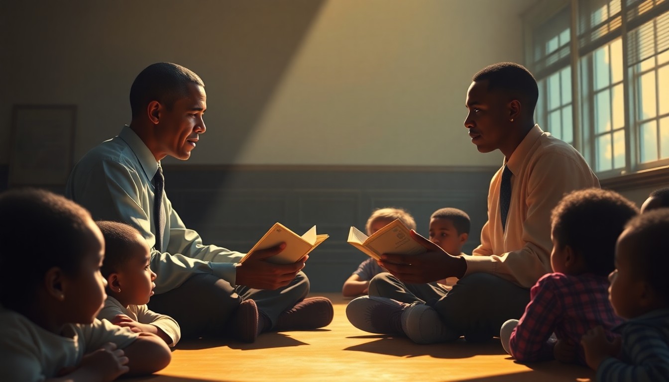 A warm, cinematic painting of two men reading to a group of children in a sunlit classroom, the scene bathed in deep shadows and muted tones, conceptually representing the mentorship of a seasoned politician guiding a rising progressive leader.