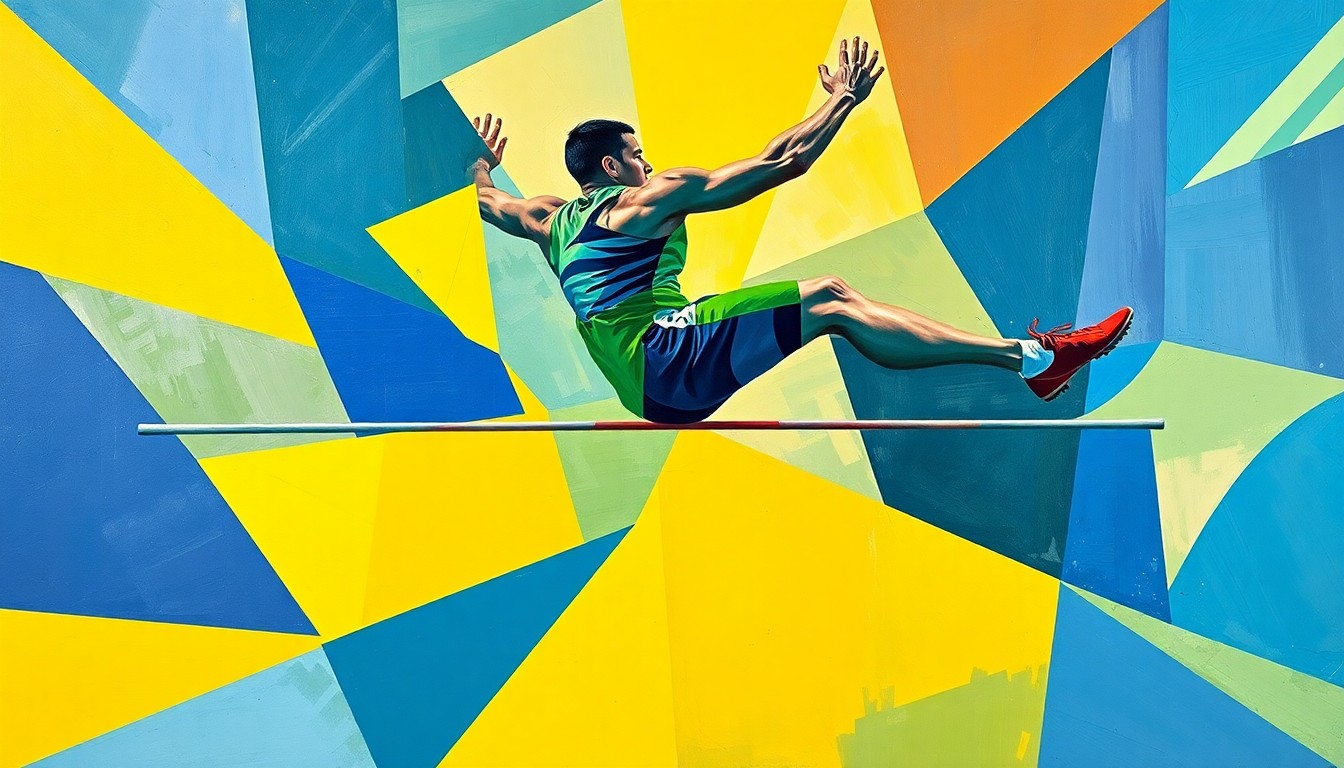 A cubist-style painting depicting a high jump competition, with the jumper's body broken down into sharp, overlapping geometric shapes in shades of blue, green, and yellow.