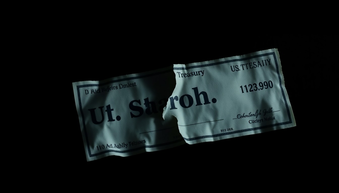 An extreme close-up photograph of a crumpled, torn U.S. Treasury check, the harsh lighting and stark contrast creating a gritty, investigative aesthetic that conceptually represents the financial crime at the heart of this story.