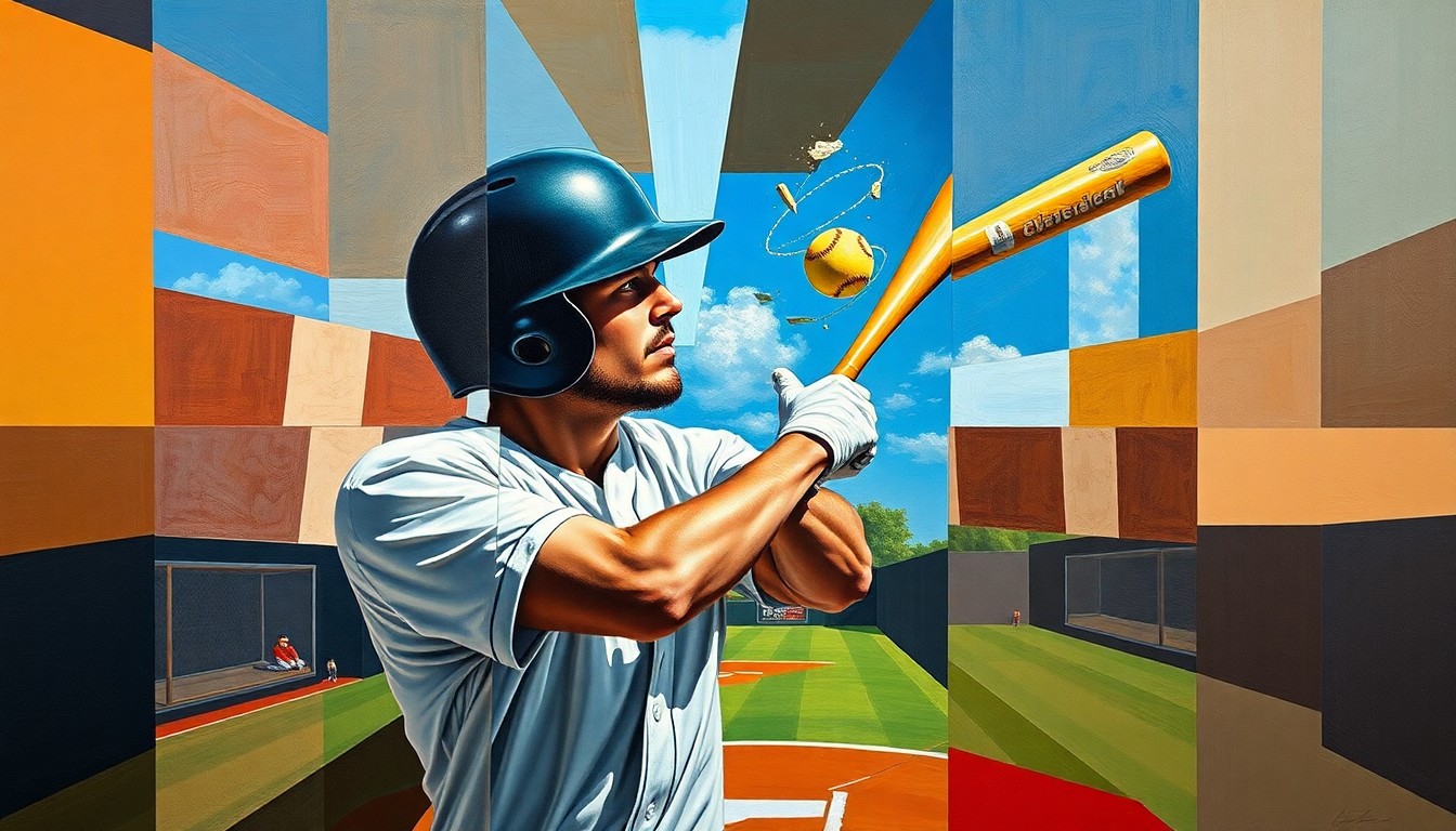 A cubist, multi-perspective painting depicting a baseball player being struck in the head by a batted ball, with the scene broken down into sharp, overlapping geometric shapes and planes in vibrant colors.