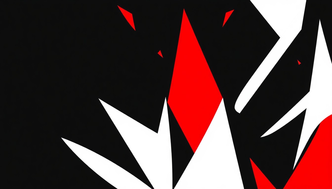 An abstract, minimalist illustration using stark black silhouettes and bold red and white shapes to convey the energy and creativity of a local music festival.