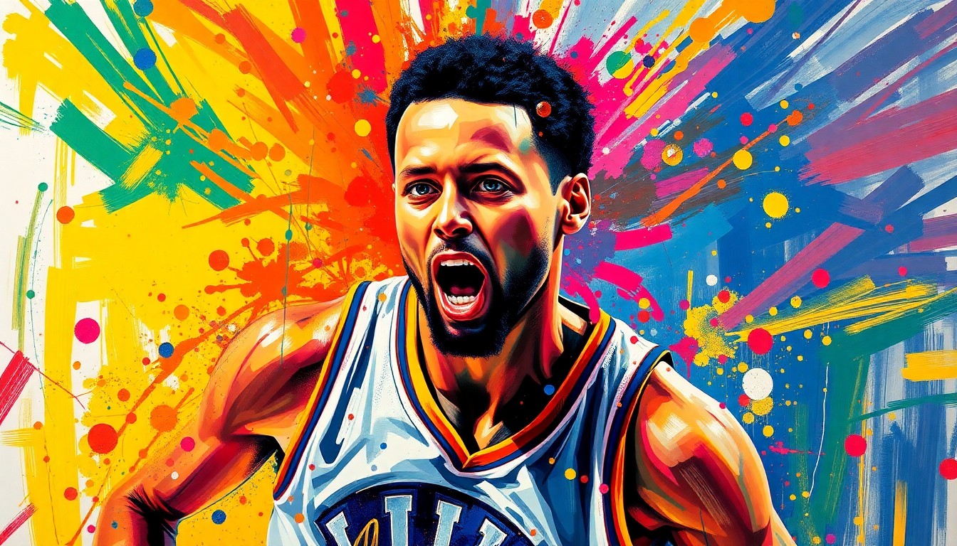 An abstract, energetic painting featuring bold, neon-colored brushstrokes that capture the dynamic movement and athleticism of a basketball player, conceptually representing Steph Curry's determination to rehab his knee injury through golf and return to the court.