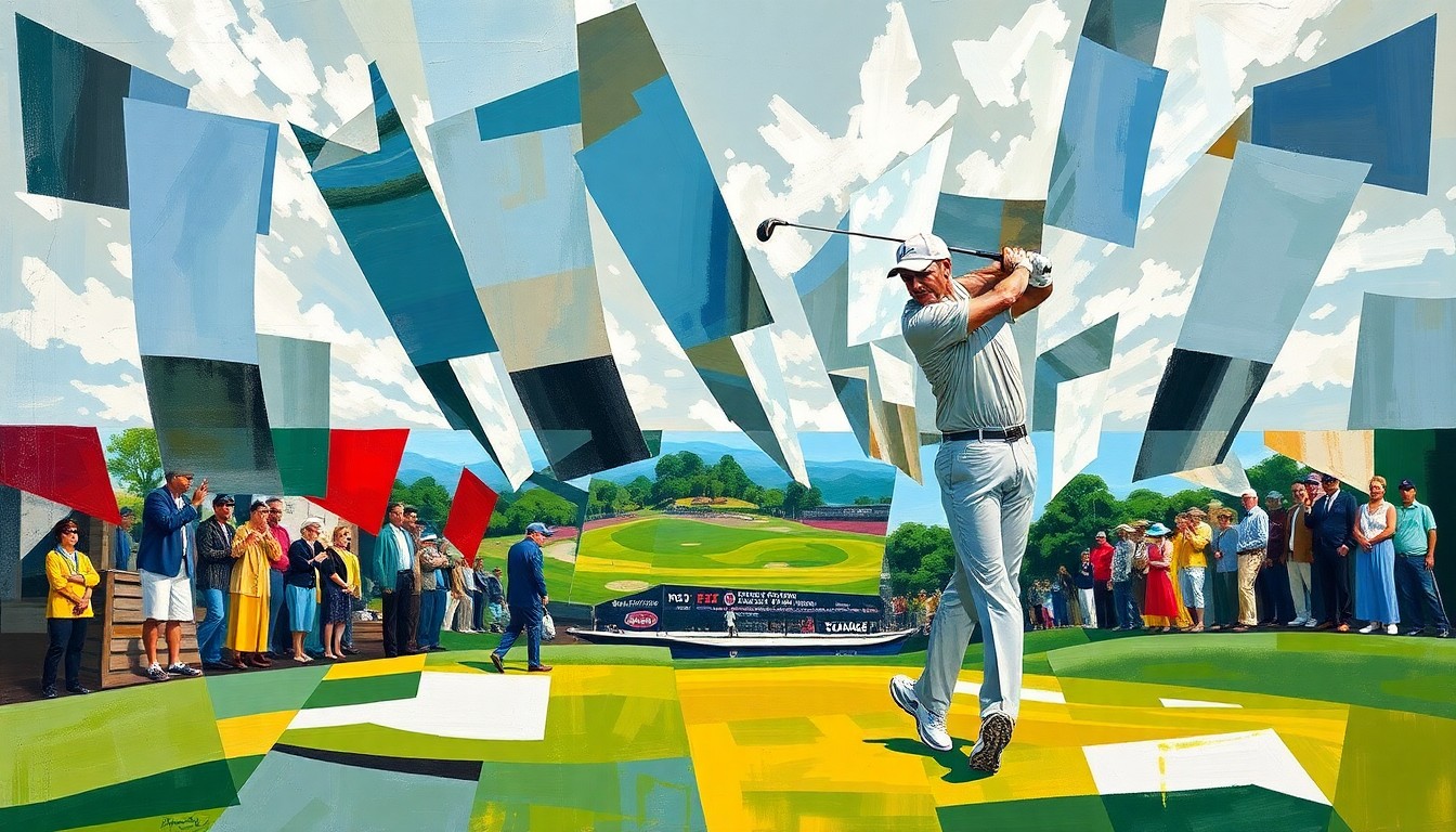 A fragmented, geometric painting depicting the complex movements and perspectives of a golfer's swing, conveying the high-stakes drama of a major championship.