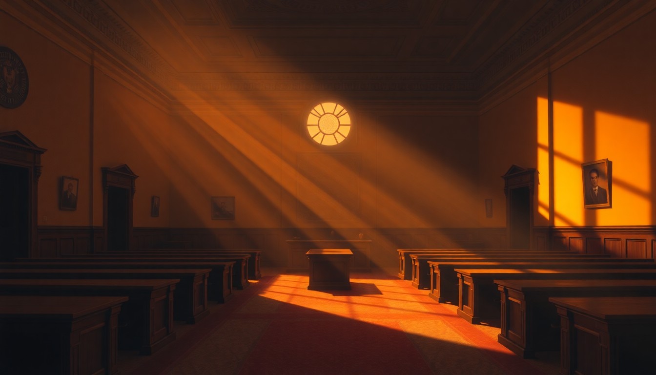 A dimly lit, cinematic painting of an empty government office or legislative chamber, with warm sunlight streaming in through the windows and deep shadows covering the majority of the space, creating a sense of solitude and contemplation.