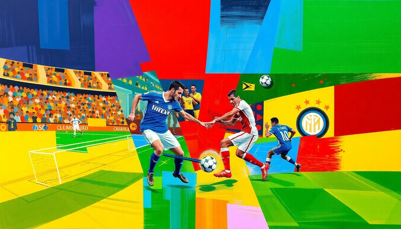 A cubist, geometric painting depicting a soccer match with overlapping planes of bright red, blue, and yellow, capturing the energy and excitement of the game.
