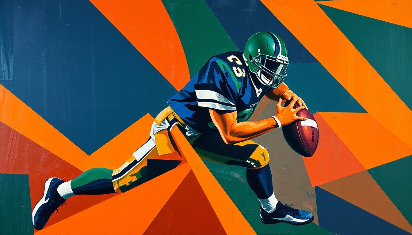 A cubist, geometric painting depicting a football player making a tackle, with sharp, overlapping planes of navy blue, burnt orange, and forest green representing the raw physicality and fragmented perspectives of the sport.