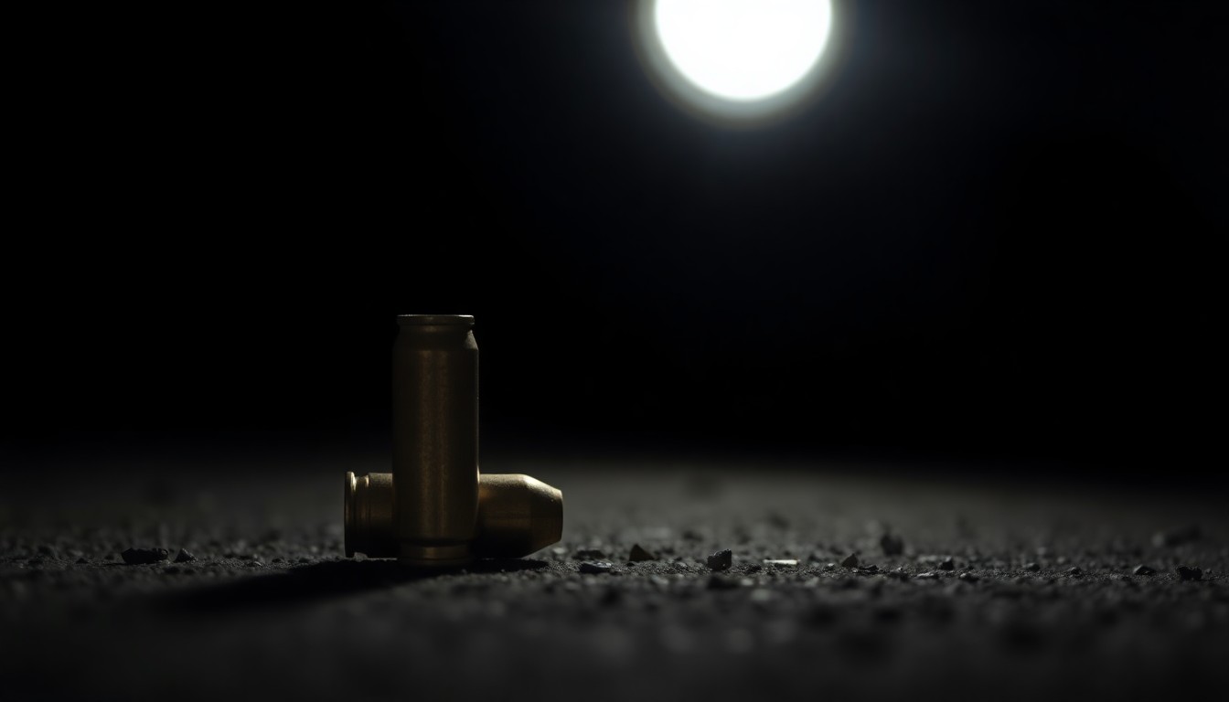 An extreme close-up photograph of a single spent bullet casing on the ground, reflecting a bright flash of light in a stark, gritty, investigative style that conceptually represents the violence of the shooting incident.