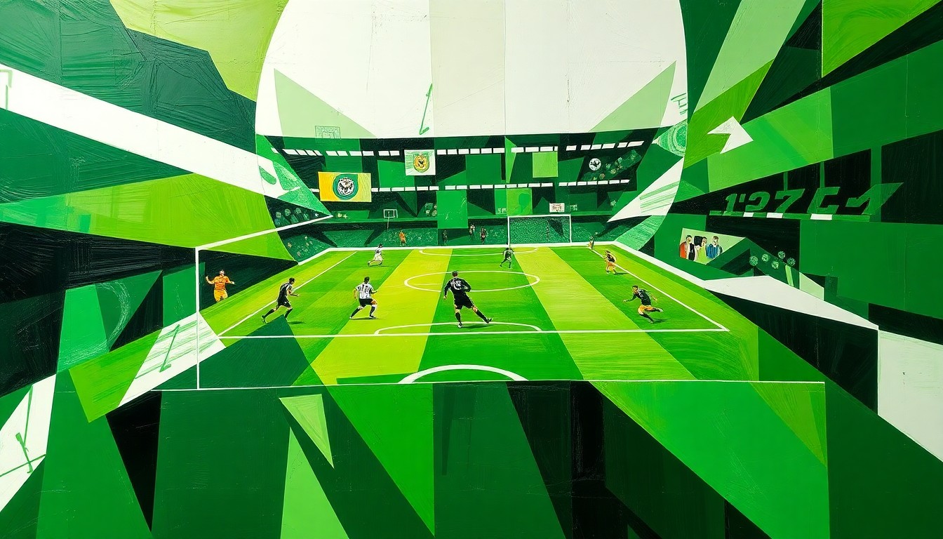 A fragmented, cubist-style painting depicting a soccer match broken down into abstract geometric shapes and planes of green, white, and black, conveying the tactical and defensive nature of the scoreless draw between the two teams.