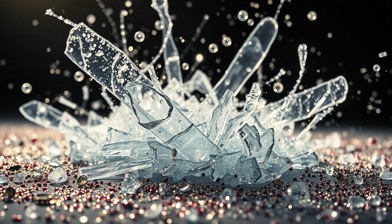 An abstract, high-contrast close-up image featuring shards of shattered glass and glittering sequins, conveying a sense of glamour and high drama associated with a soap opera storyline.