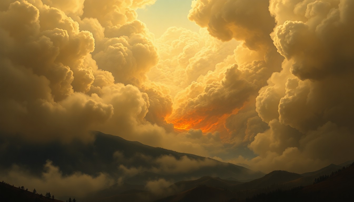 A vast, atmospheric landscape painting in muted tones of orange, grey, and blue, with a distant wildfire burning on the horizon, its smoke obscuring the sky and dwarfing any visible structures or vegetation, conveying the sublime scale and power of the natural disaster.