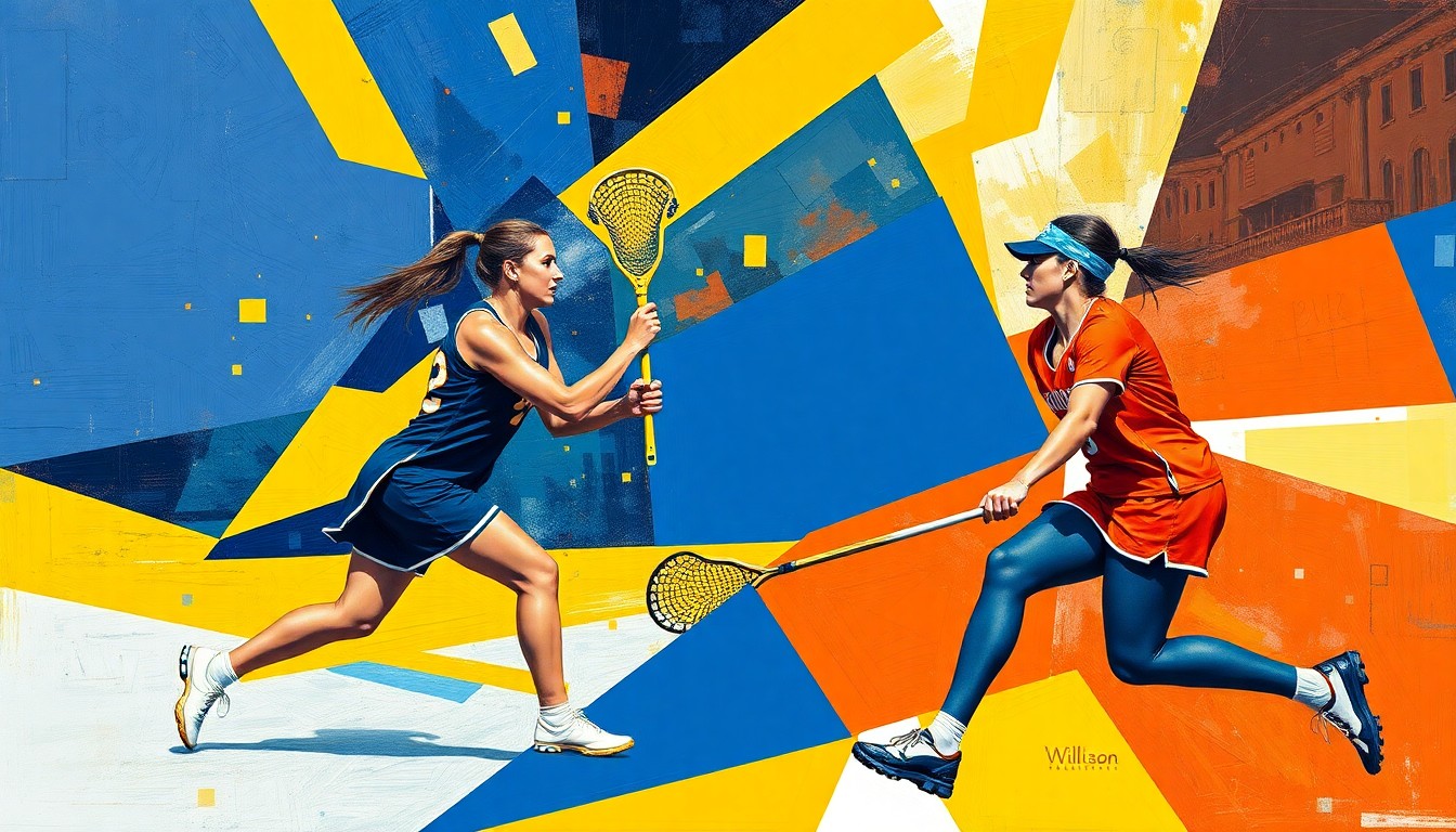 A fractured, multi-perspective painting depicting the intense action of a women's lacrosse game, with sharp geometric shapes and planes of vibrant blue, gold, orange, and navy colors colliding to represent the competitive energy of the matchup.