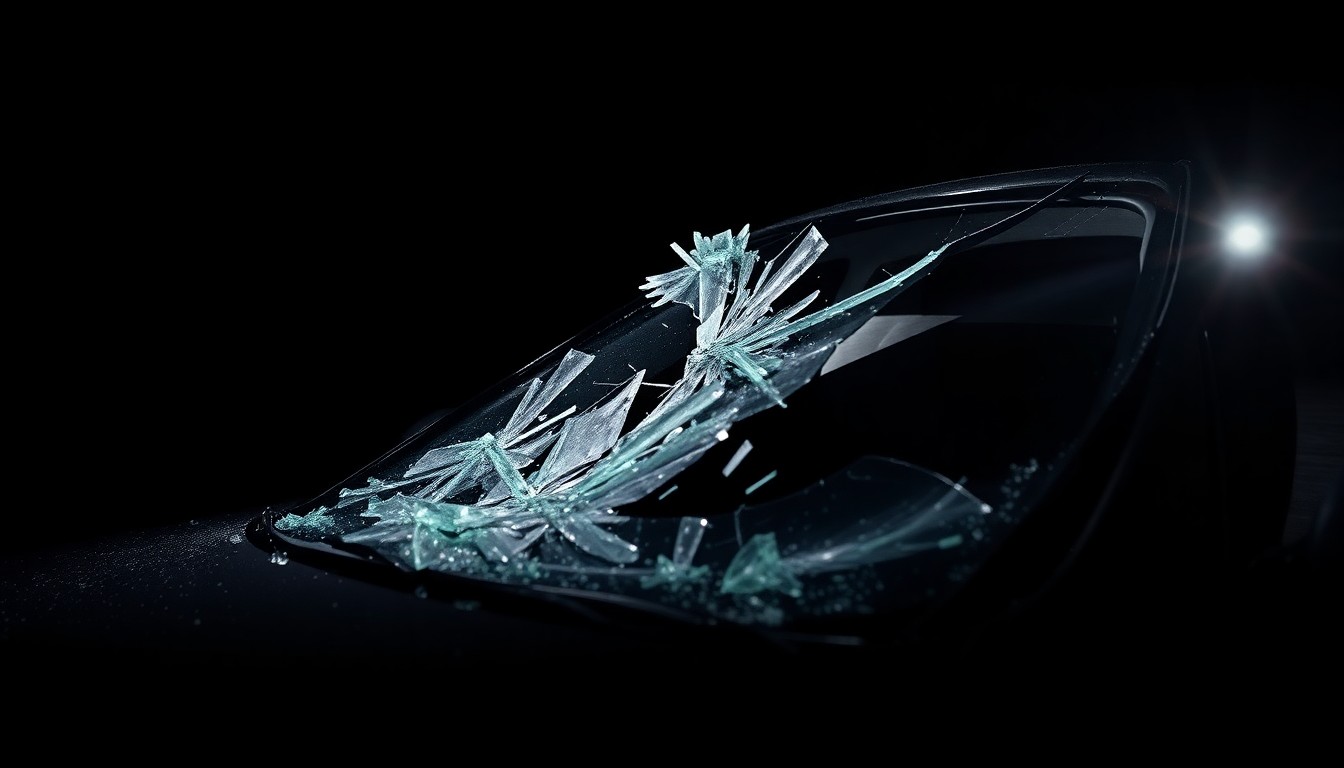 An extreme close-up photograph of a shattered car windshield or other damaged vehicle component, dramatically lit by a harsh flash against a dark background, conceptually illustrating the aftermath of a fatal highway crash.