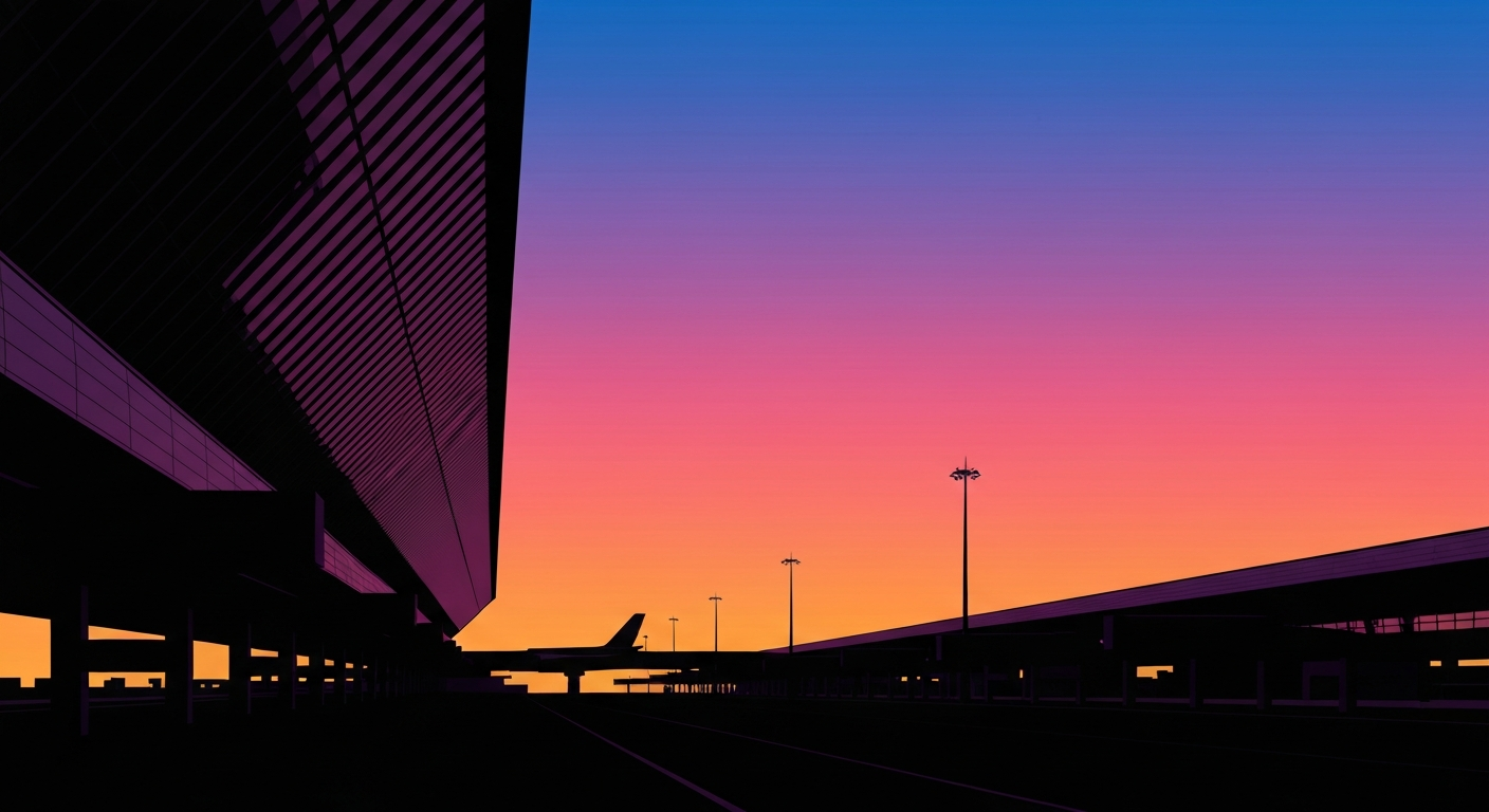 A highly stylized, geometric illustration depicting the grand scale and sleek forms of a modern airport terminal, with a vibrant gradient sky in the background, conveying the complex balance between security and passenger experience in air travel.